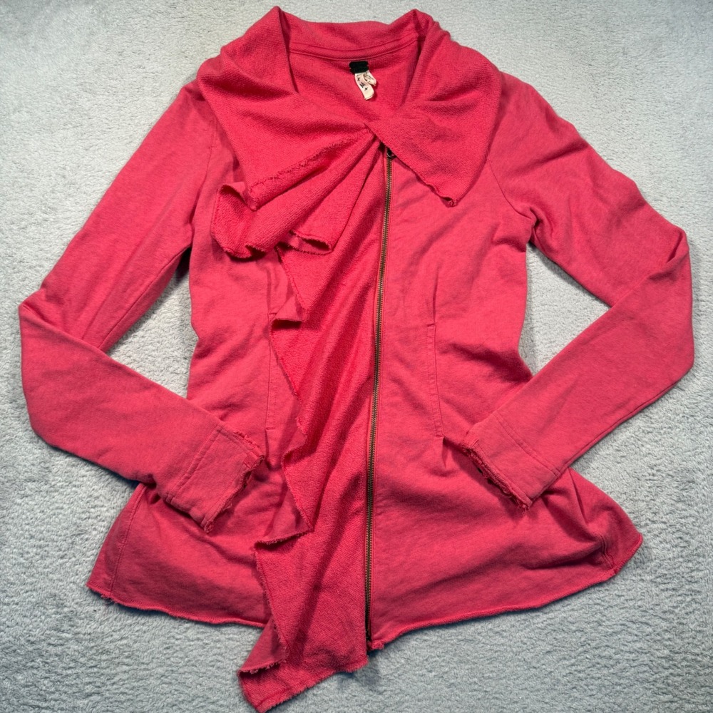 We The Free People Ebb & Flow Pink Cotton Asymmetrical Full Zip Up Jacket M Boho